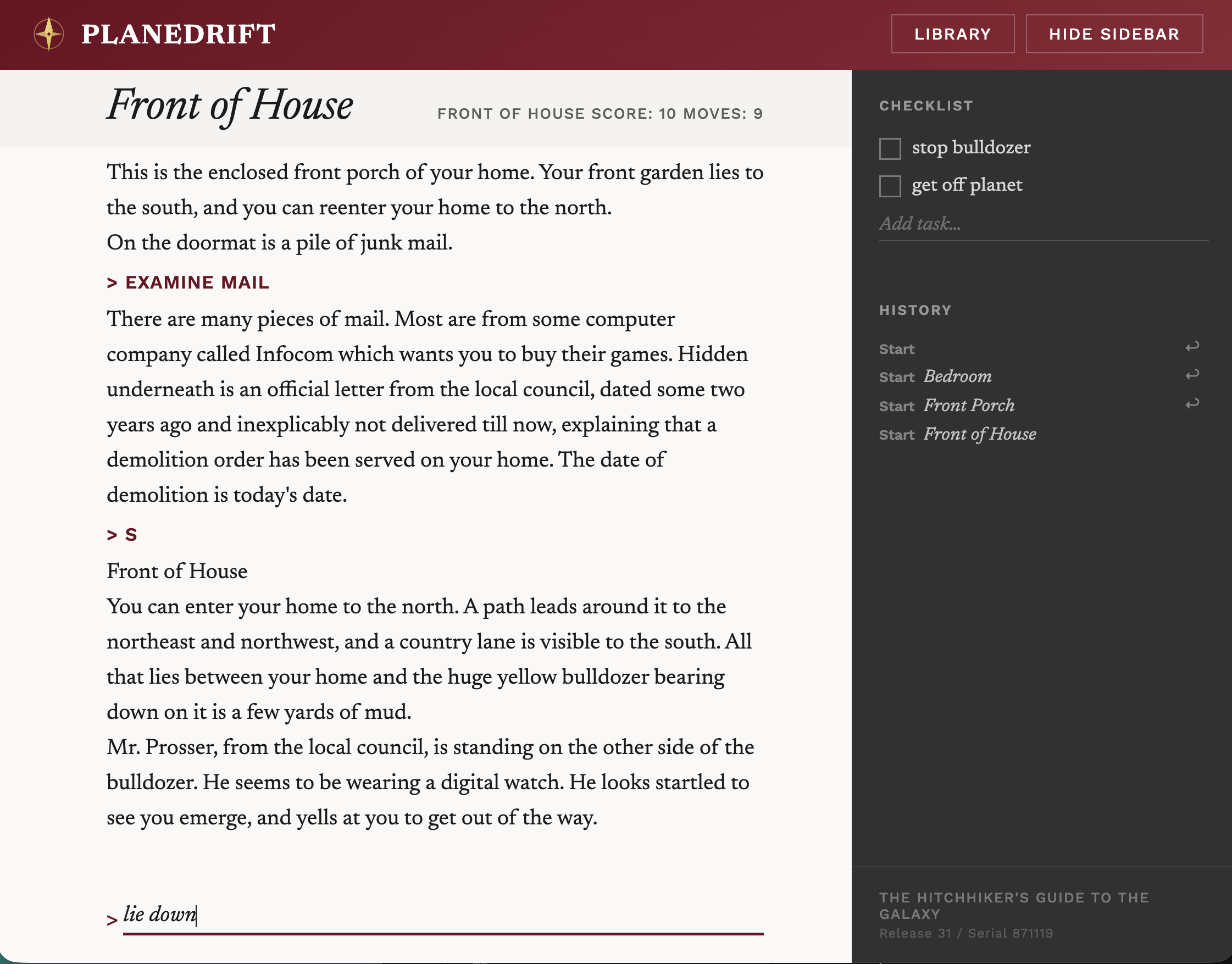 Planedrift playing a classic text adventure, showing the reading view with a transcript, status line, and sidebar.